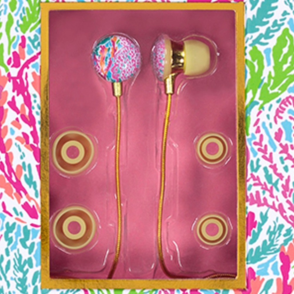 LILLY PULITZER Earbuds Lets Cha Cha Turquoise Pink Coral Gold Cord Headphones - Picture 2 of 5